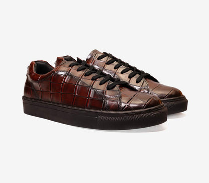 Casual Luxury: Handmade Lightweight Brown Crocodile Pattern Leather Sneakers
