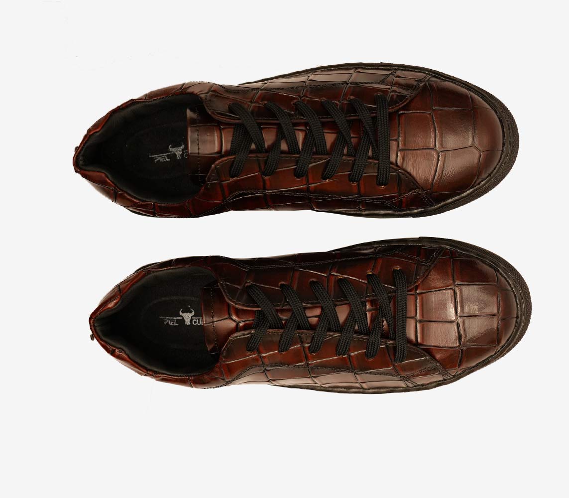 Casual Luxury: Handmade Lightweight Brown Crocodile Pattern Leather Sneakers
