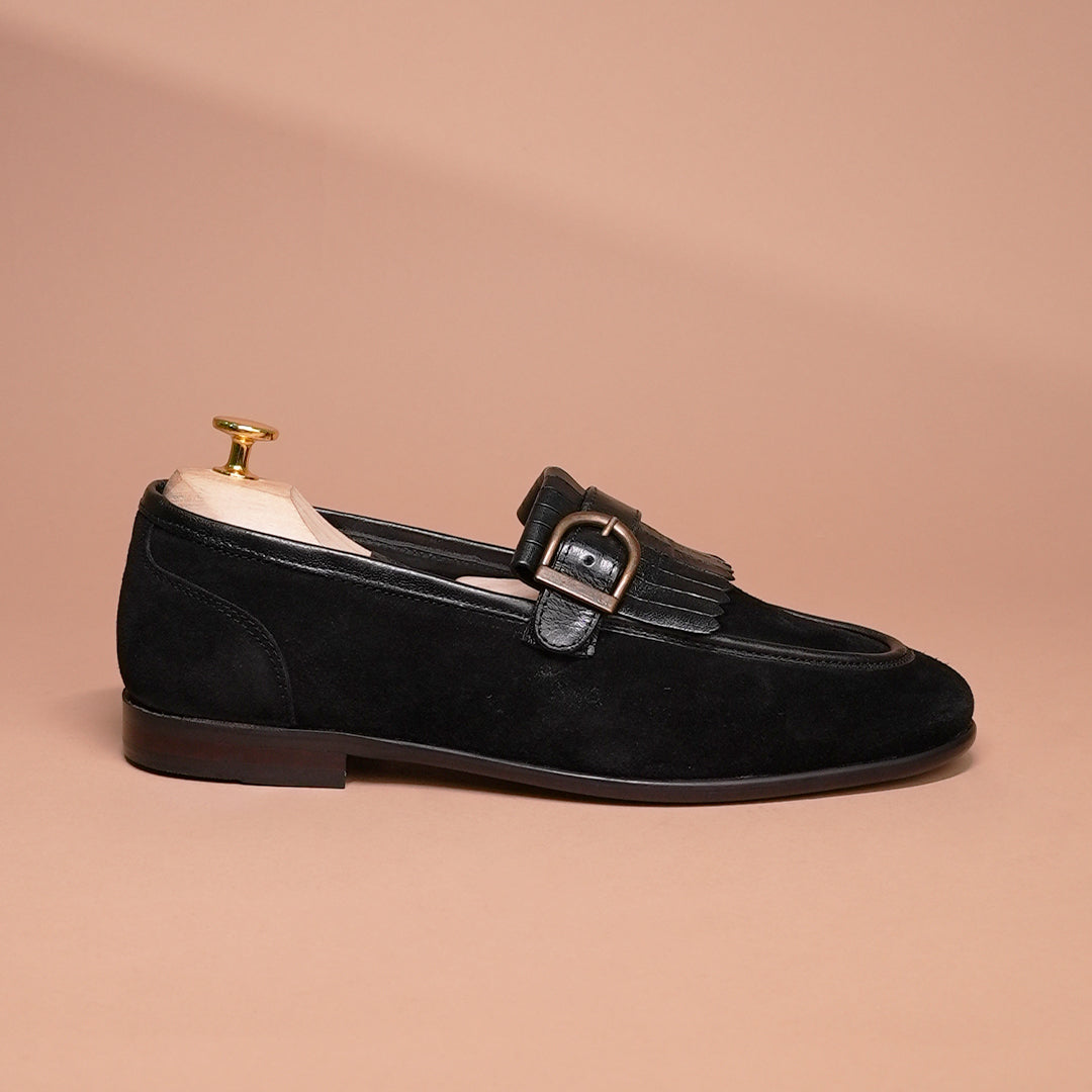 Men's Genuine Leather & Suede Fringe Tassel Loafers - Black Dress Slip-Ons