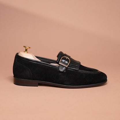 Men's Genuine Leather & Suede Fringe Tassel Loafers - Black Dress Slip-Ons