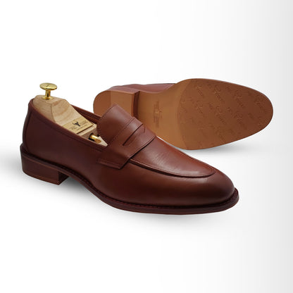 Men's Genuine Leather Penny Loafers - Handmade Brown Loafer Shoes by Piel Cuero