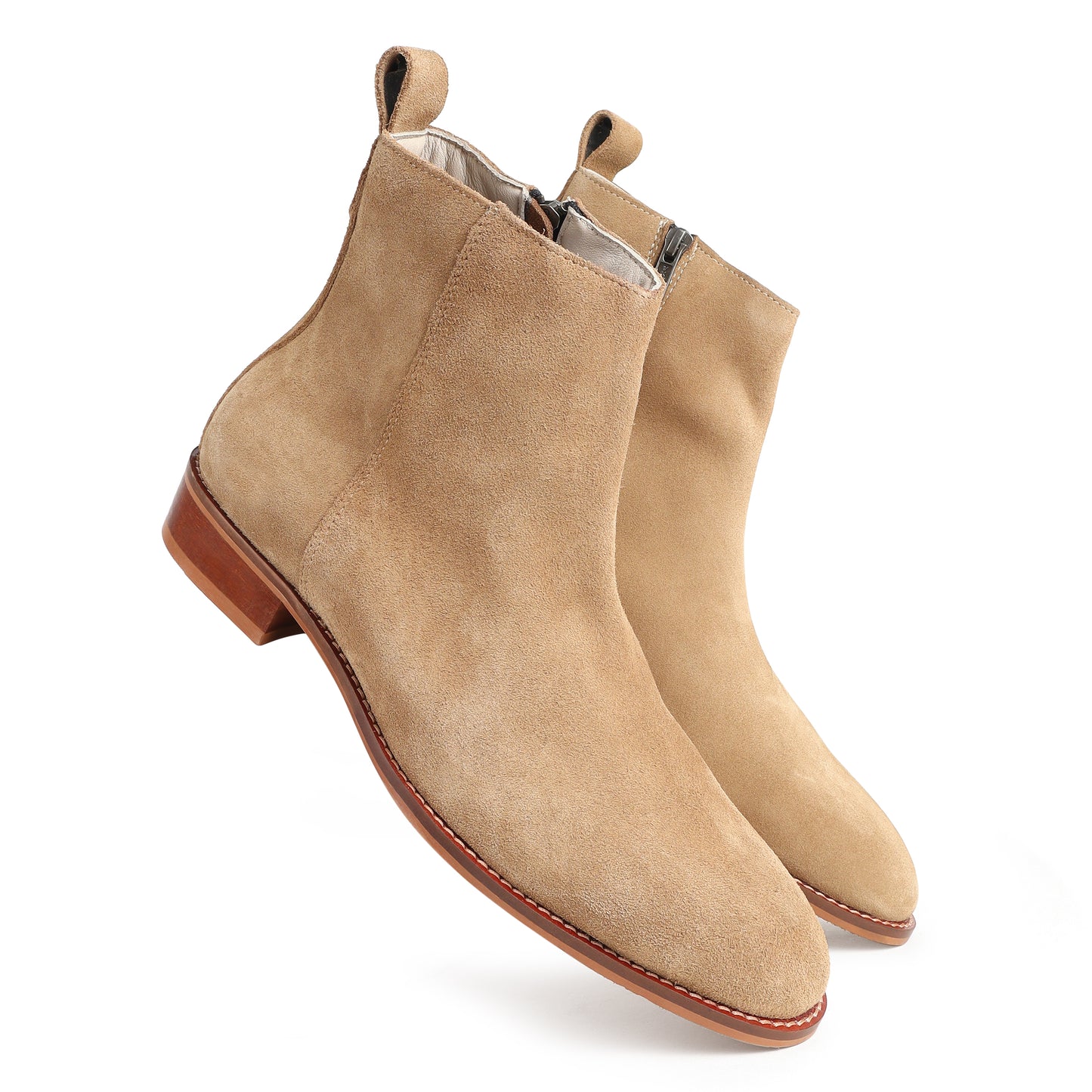 Beige Suede Zip-Up Boots for Men | Low Heel Leather Booties by Piel Cuero