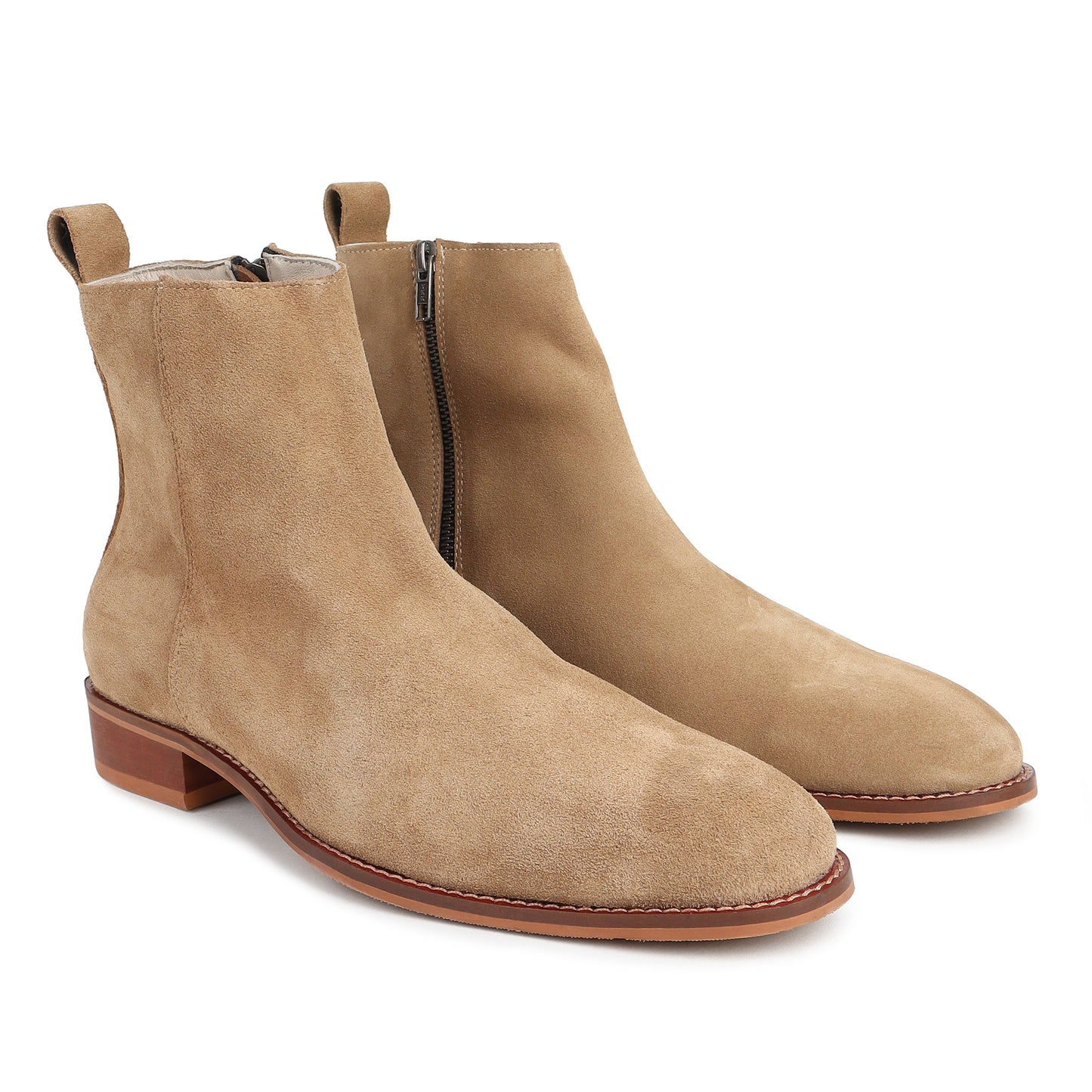 Beige Suede Zip-Up Boots for Men | Low Heel Leather Booties by Piel Cuero