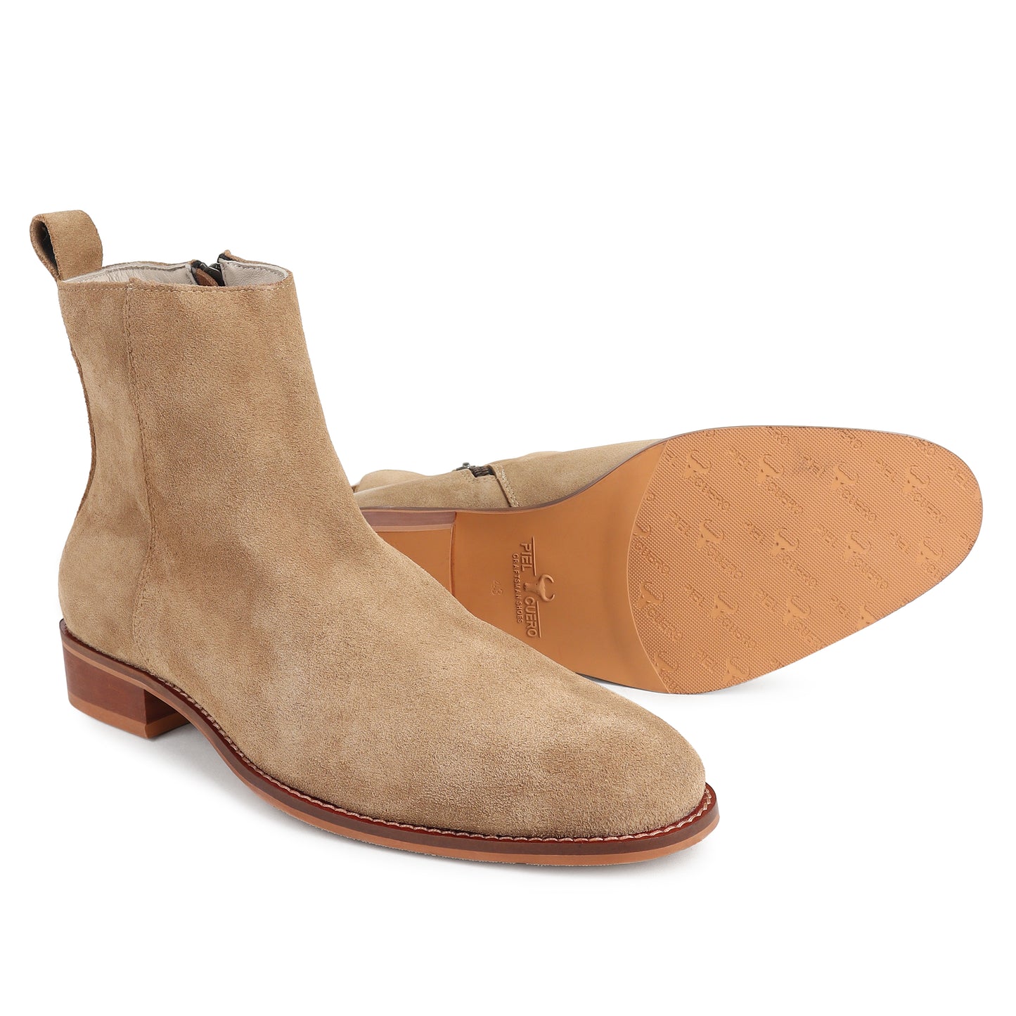 Beige Suede Zip-Up Boots for Men | Low Heel Leather Booties by Piel Cuero