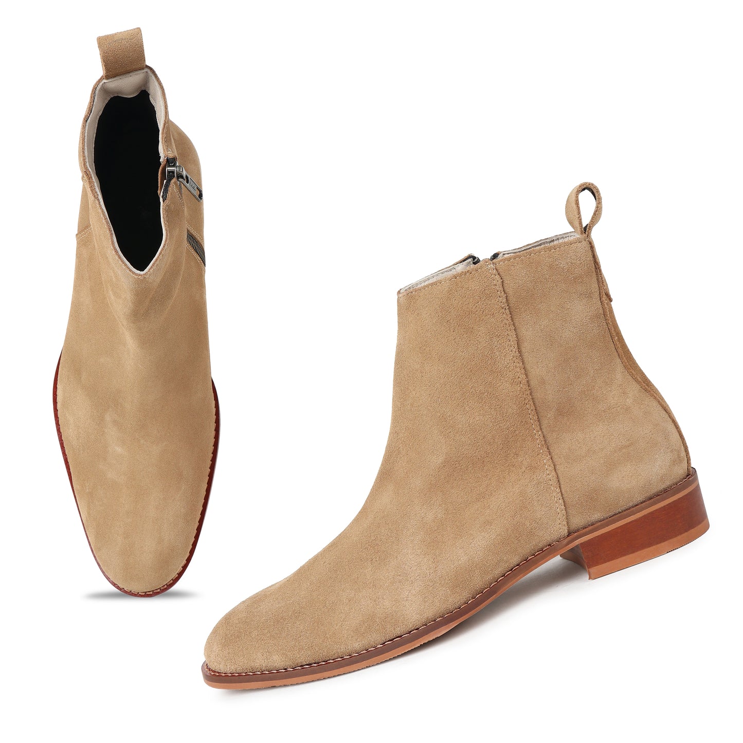 Beige Suede Zip-Up Boots for Men | Low Heel Leather Booties by Piel Cuero