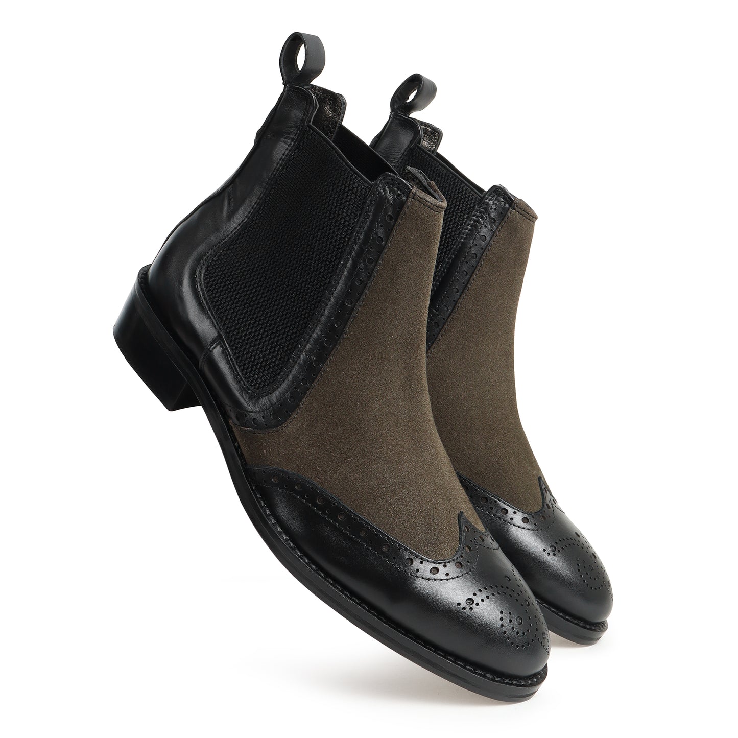 Piel Cuero Men's Brogue Chelsea Boots in Black Leather & Olive Suede