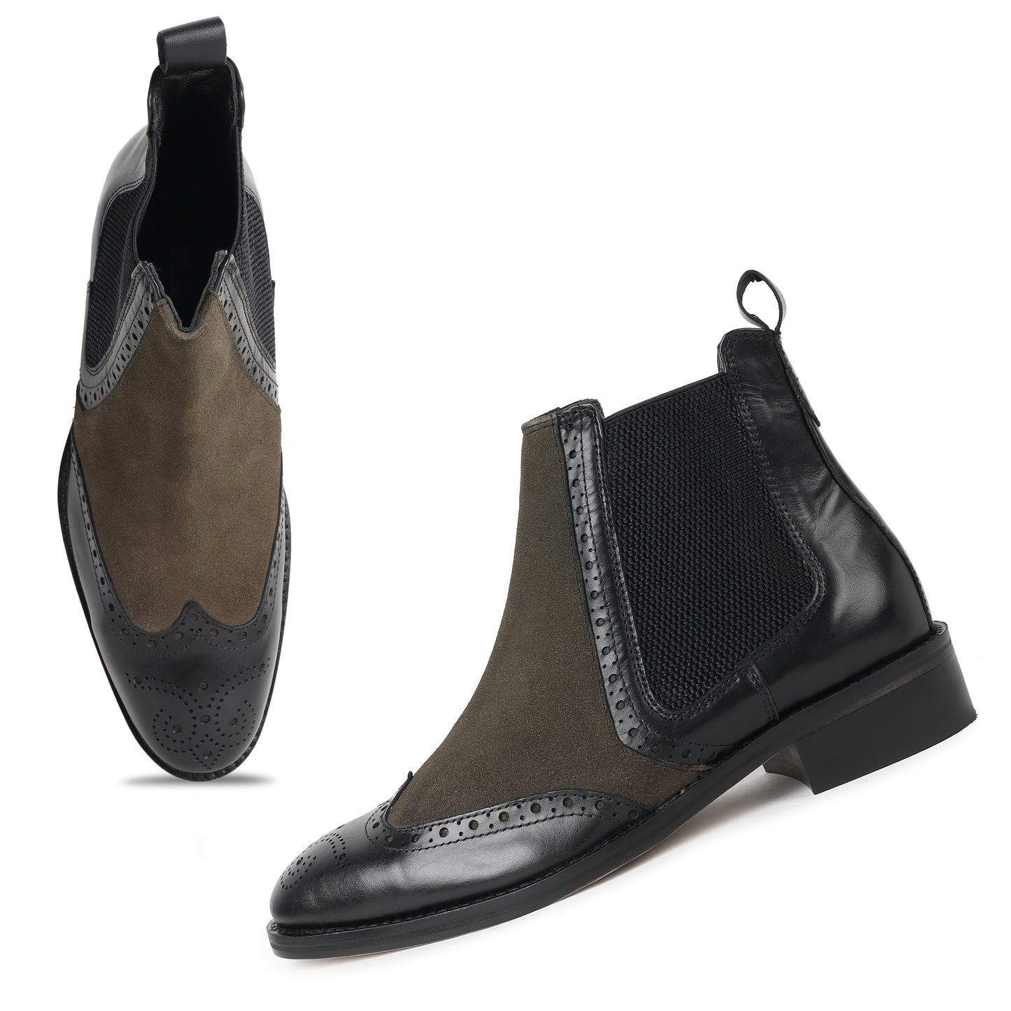 Piel Cuero Men's Brogue Chelsea Boots in Black Leather & Olive Suede