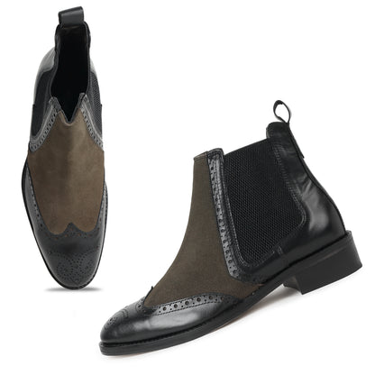 Piel Cuero Men's Brogue Chelsea Boots in Black Leather & Olive Suede