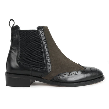 Piel Cuero Men's Brogue Chelsea Boots in Black Leather & Olive Suede