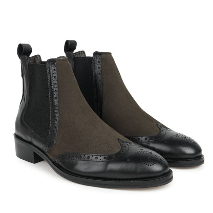 Piel Cuero Men's Brogue Chelsea Boots in Black Leather & Olive Suede
