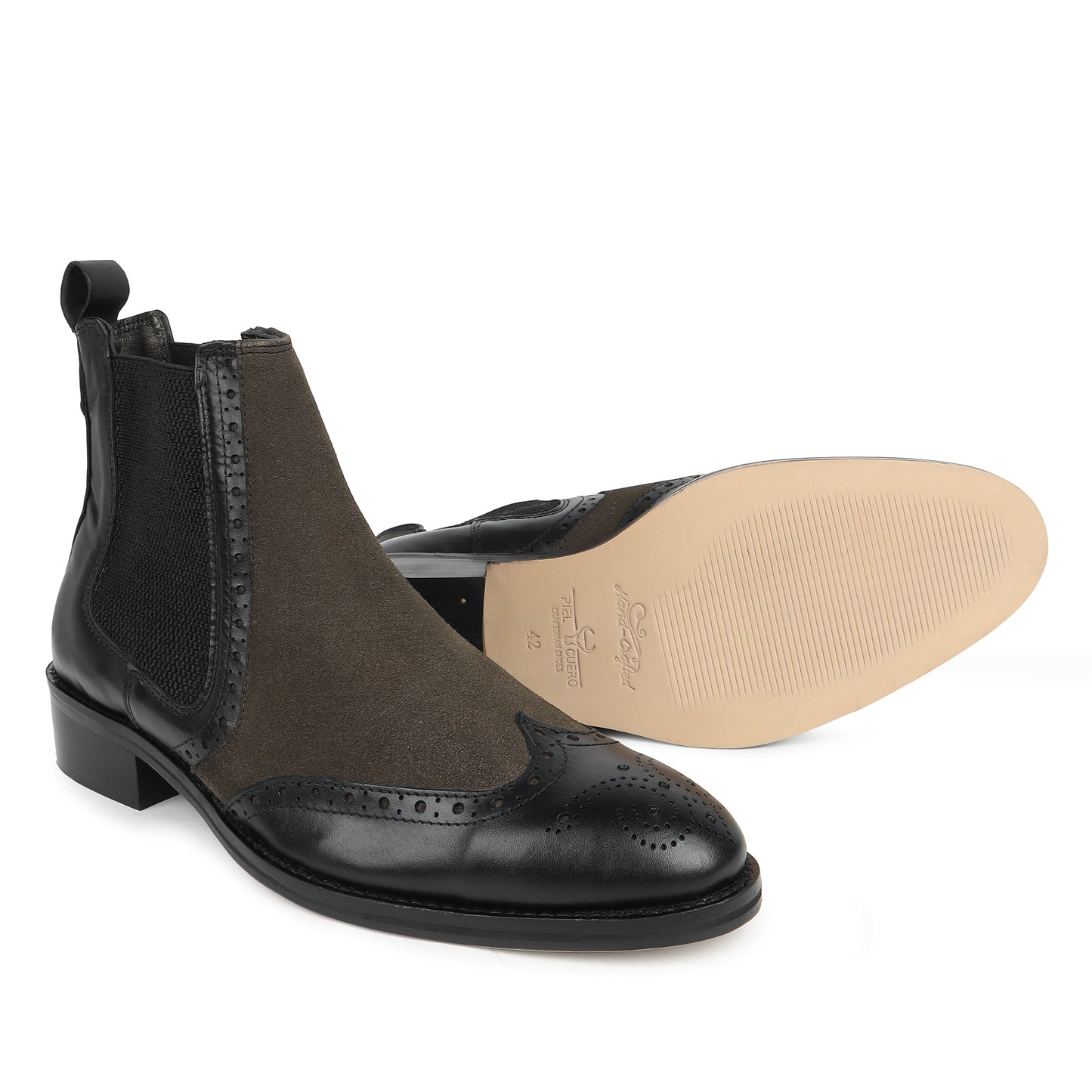 Piel Cuero Men's Brogue Chelsea Boots in Black Leather & Olive Suede