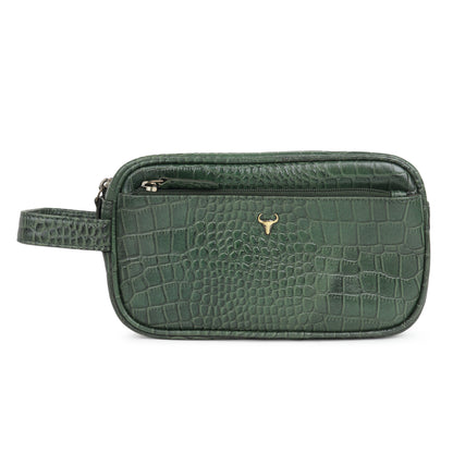 Piel Cuero Green Croc Texture Leather Dopp Kit - Travel Utility Pouch