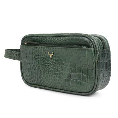Piel Cuero Green Croc Texture Leather Dopp Kit - Travel Utility Pouch
