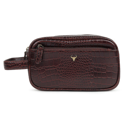 Piel Cuero Men's Genuine Leather Croc-Embossed Utility Pouch/Dopp Kit with Wrist Strap
