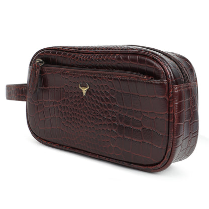 Piel Cuero Men's Genuine Leather Croc-Embossed Utility Pouch/Dopp Kit with Wrist Strap