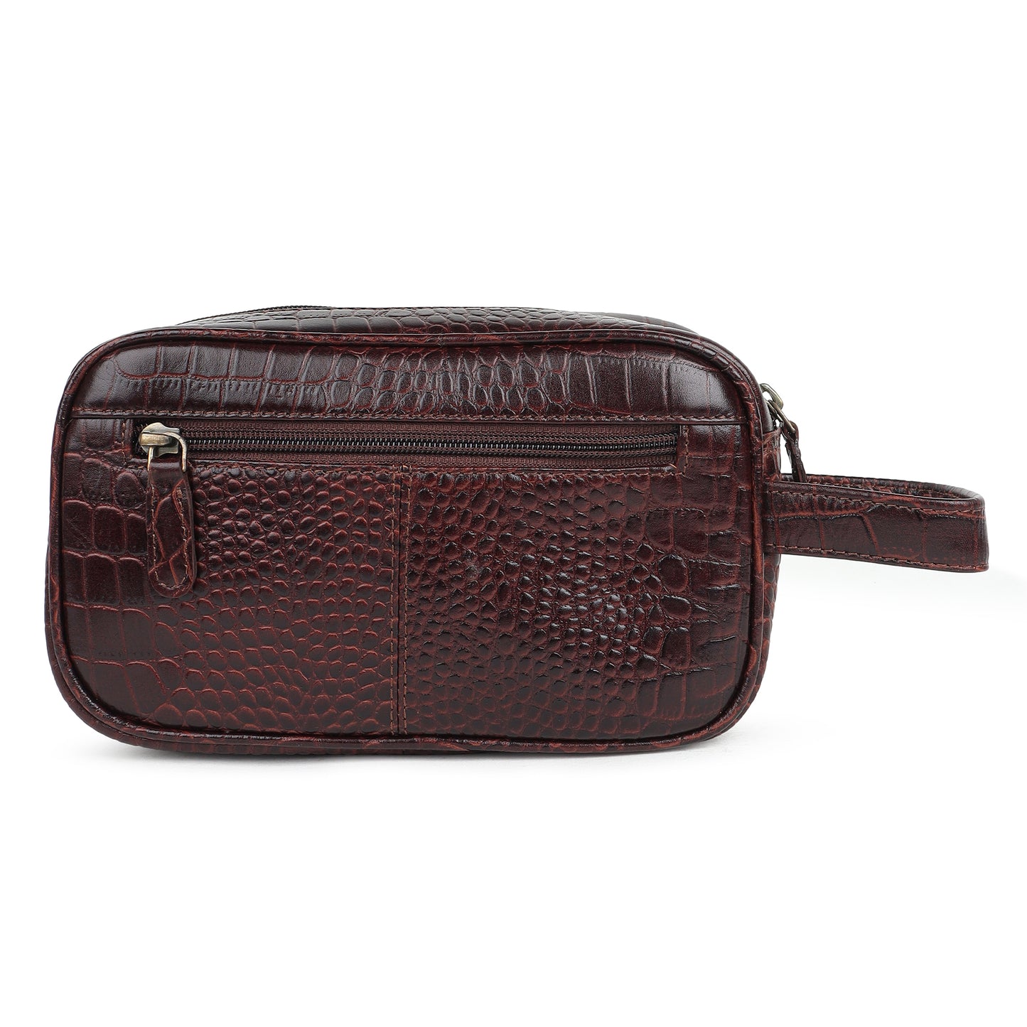 Piel Cuero Men's Genuine Leather Croc-Embossed Utility Pouch/Dopp Kit with Wrist Strap