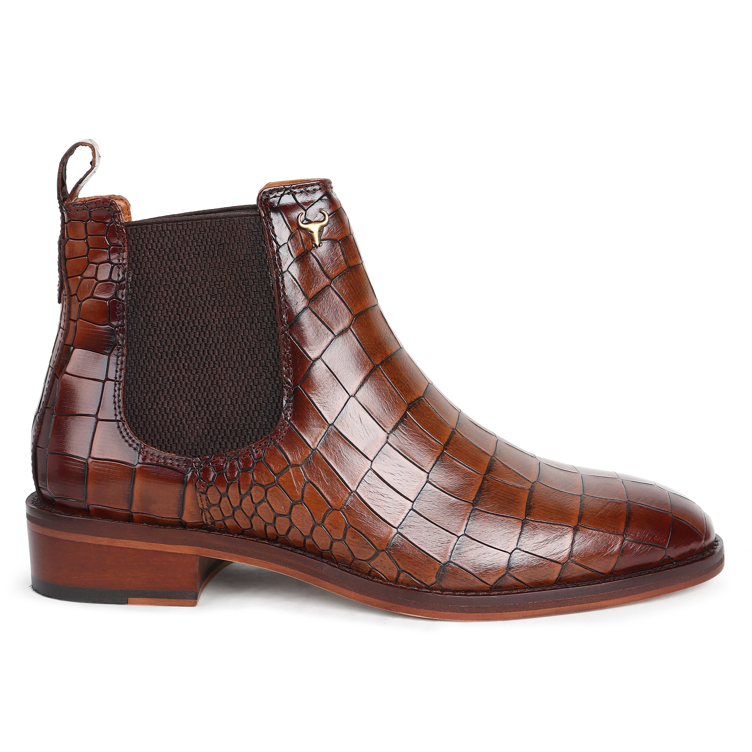 Piel Cuero Men’s Brown Deep Cut Croco Print Embossed Leather Chelsea Boots