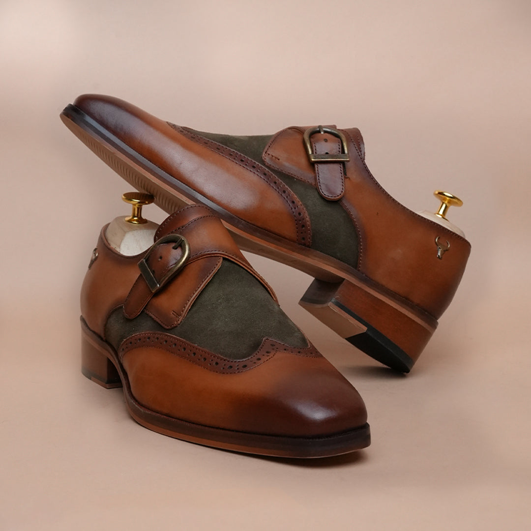 Piel Cuero Men’s Genuine Leather Monk Strap Shoes | Brown Brogue Buckle Leather Formal Shoes
