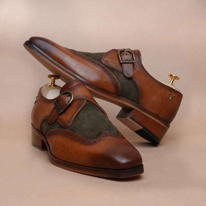 Piel Cuero Men’s Genuine Leather Monk Strap Shoes | Brown Brogue Buckle Leather Formal Shoes