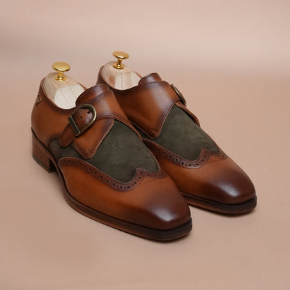Piel Cuero Men’s Genuine Leather Monk Strap Shoes | Brown Brogue Buckle Leather Formal Shoes