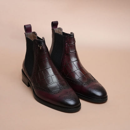 Men’s Croc-Embossed Leather Chelsea Boots – Burgundy Brogue Ankle Boots