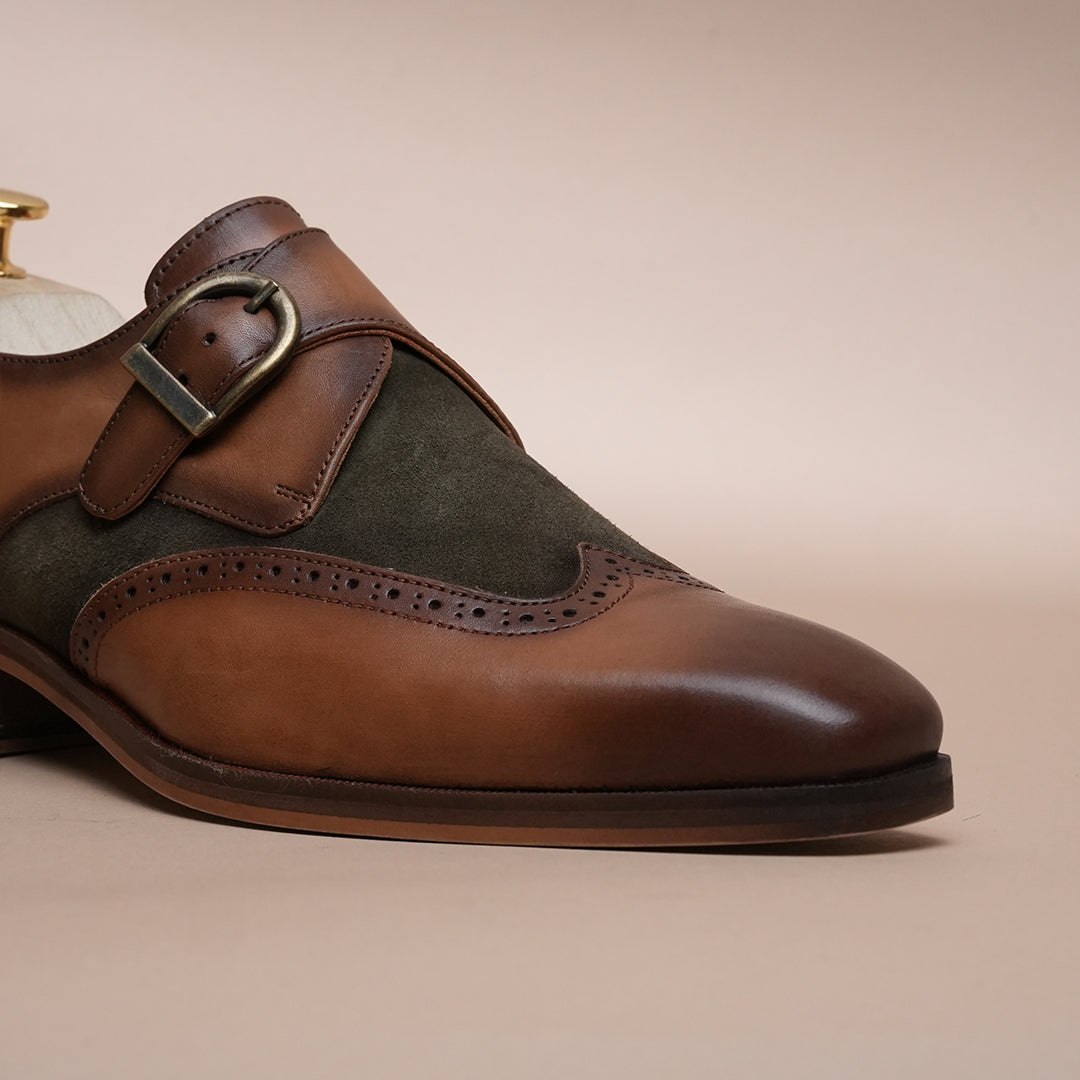 Piel Cuero Men’s Genuine Leather Monk Strap Shoes | Brown Brogue Buckle Leather Formal Shoes