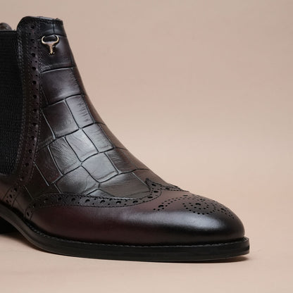 Men’s Croc-Embossed Leather Chelsea Boots – Burgundy Brogue Ankle Boots