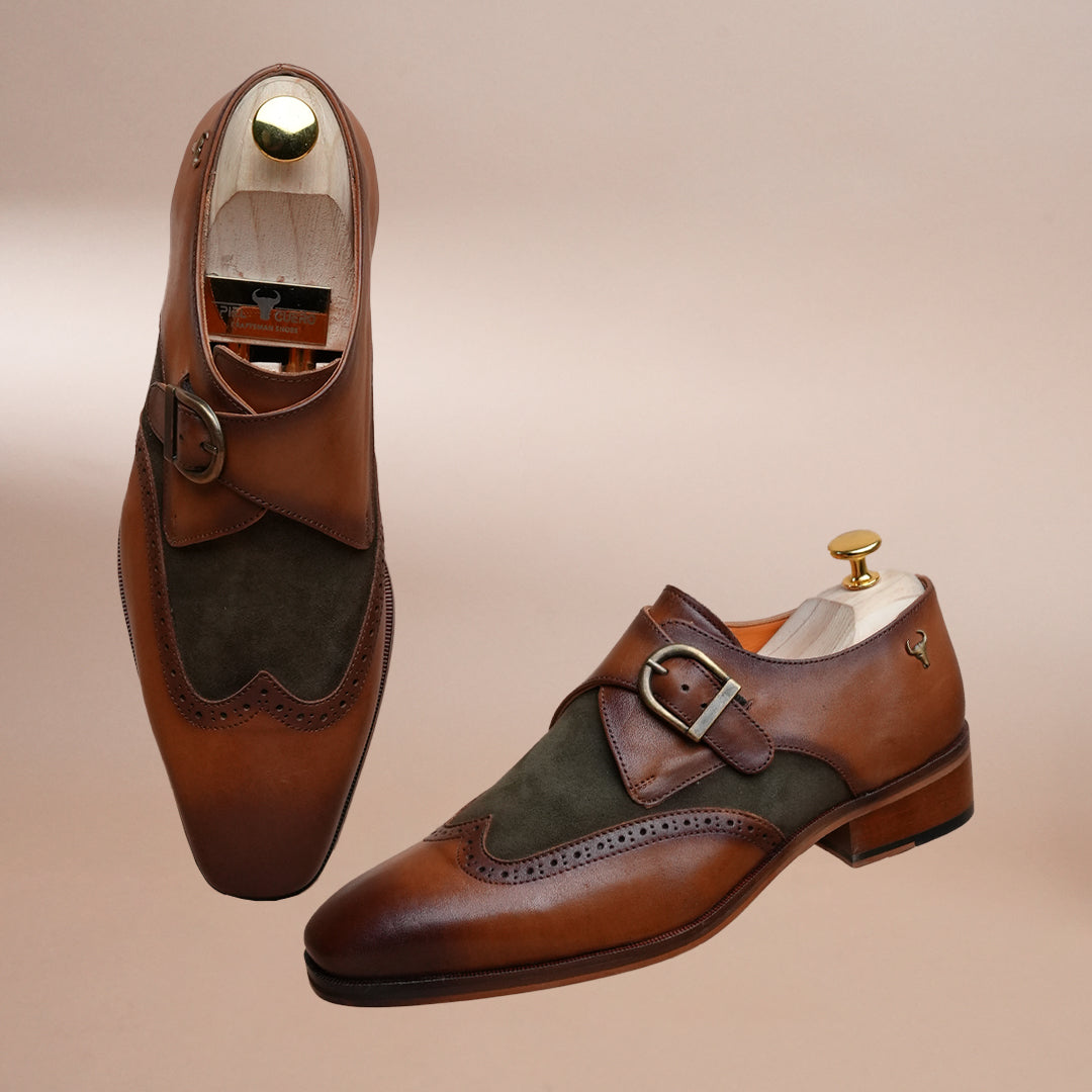 Piel Cuero Men’s Genuine Leather Monk Strap Shoes | Brown Brogue Buckle Leather Formal Shoes