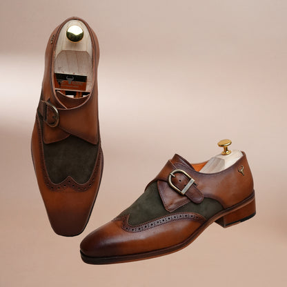 Piel Cuero Men’s Genuine Leather Monk Strap Shoes | Brown Brogue Buckle Leather Formal Shoes