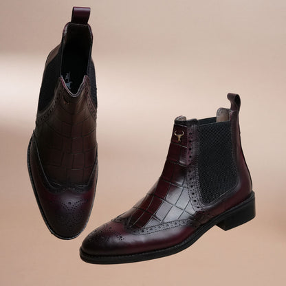 Men’s Croc-Embossed Leather Chelsea Boots – Burgundy Brogue Ankle Boots
