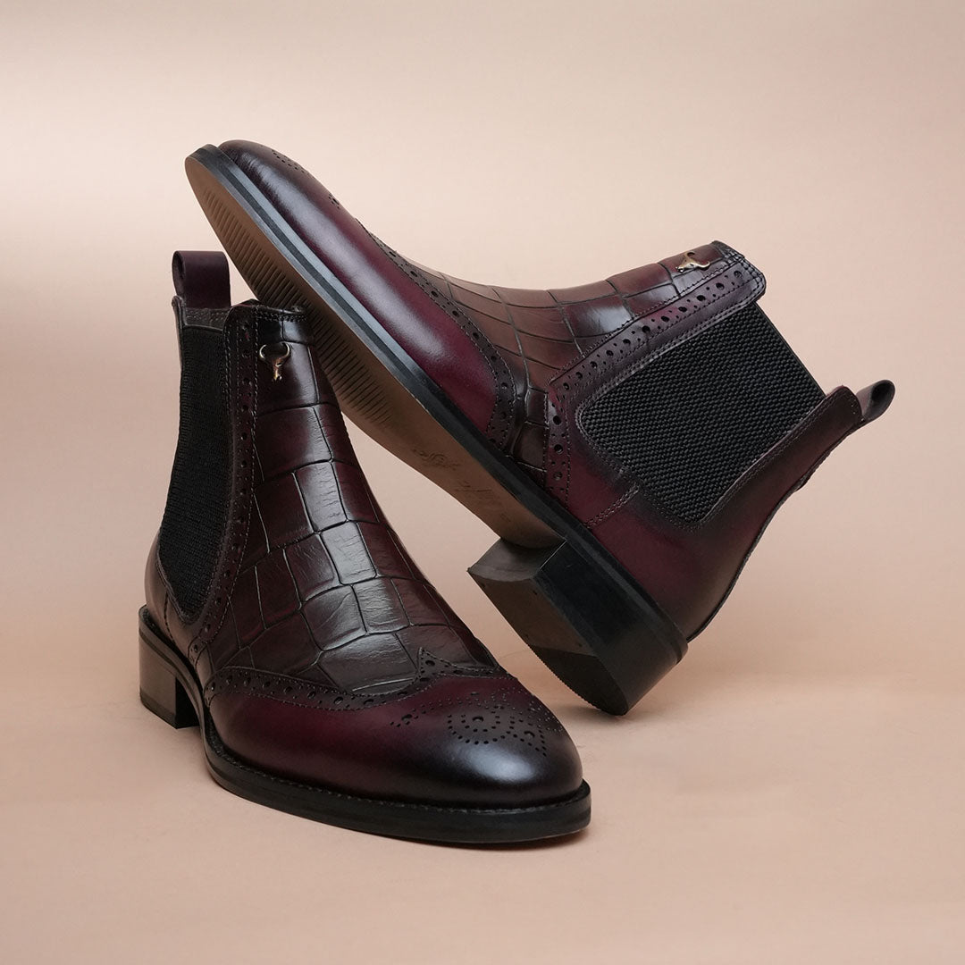 Men’s Croc-Embossed Leather Chelsea Boots – Burgundy Brogue Ankle Boots