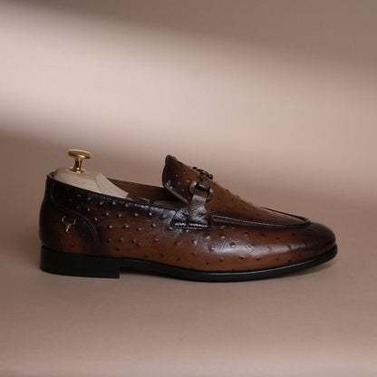 Piel Cuero Tan Brown Ostrich Print Leather Bit Loafers for Men - Handcrafted & Premium