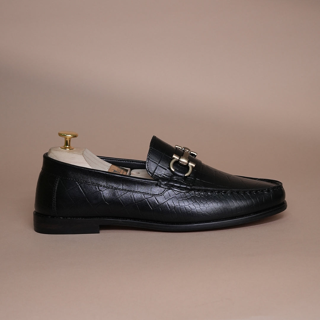 Piel Cuero Men’s Genuine Leather Horsebit Loafers | Black Croc Texture Formal Slip-On Shoes
