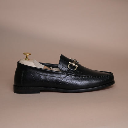 Piel Cuero Men’s Genuine Leather Horsebit Loafers | Black Croc Texture Formal Slip-On Shoes