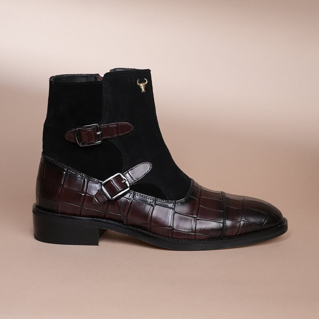 Handcrafted Double monk Strap pure leather boots - Cherry Suede & Calfskin