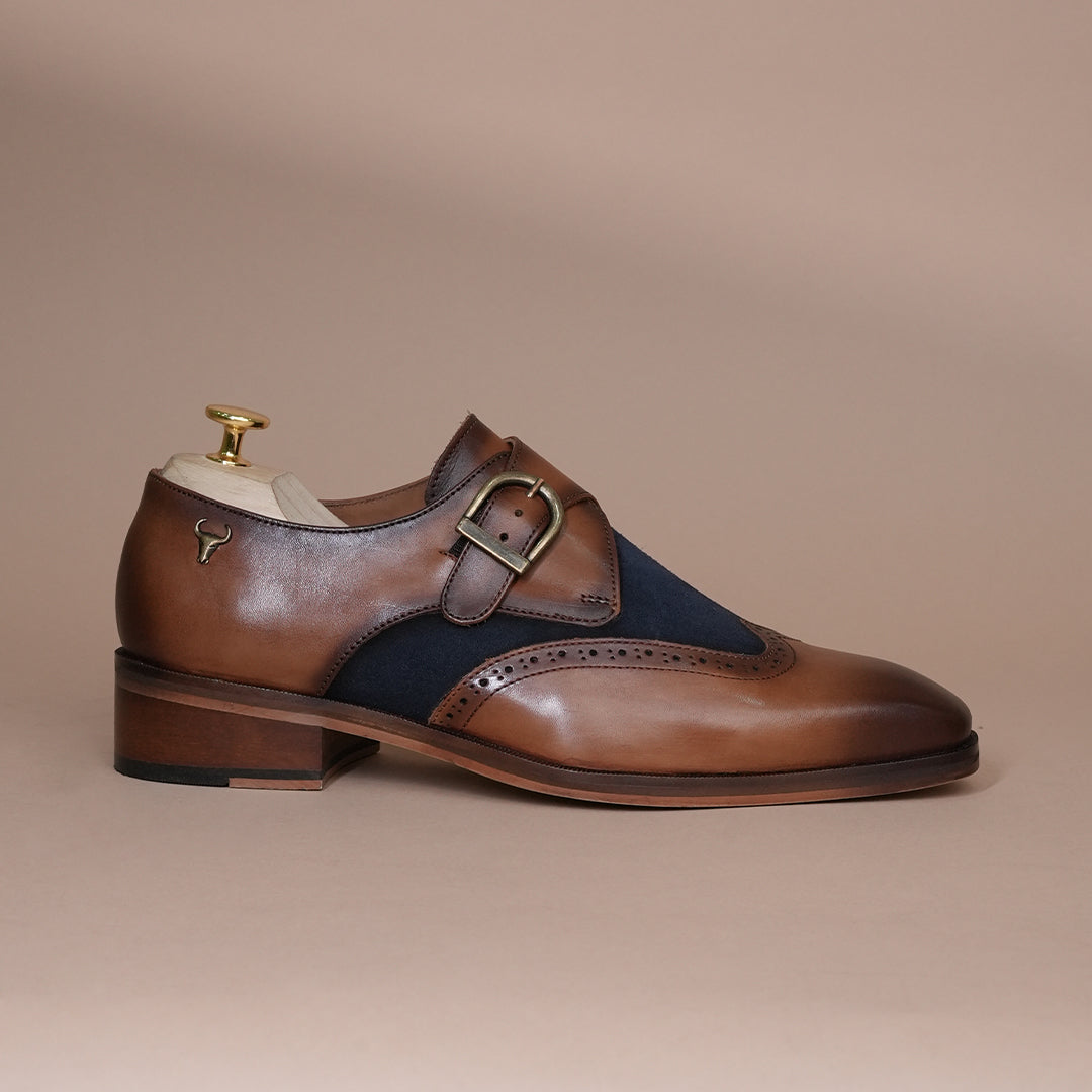 Piel Cuero Men’s Genuine Leather Monk Strap Shoes | Brown Brogue Buckle Leather Formal Shoes