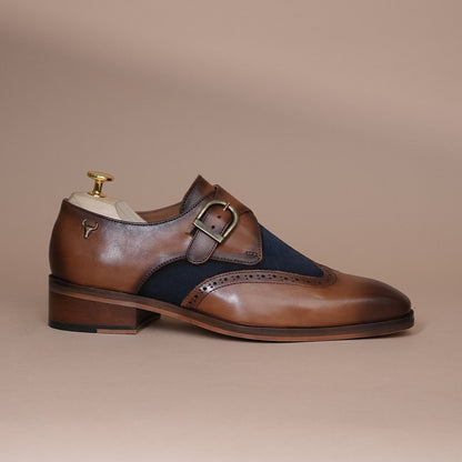 Piel Cuero Men’s Genuine Leather Monk Strap Shoes | Brown Brogue Buckle Leather Formal Shoes