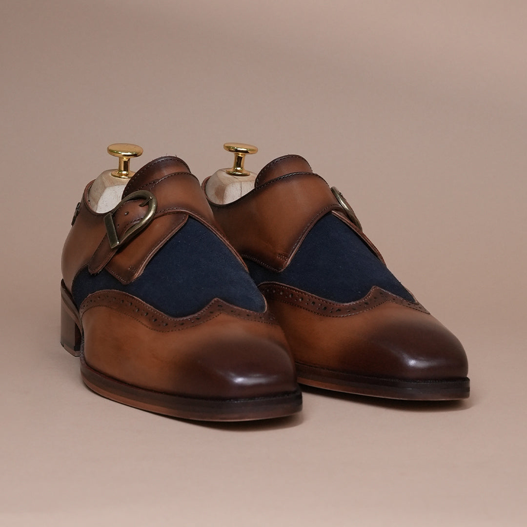 Piel Cuero Men’s Genuine Leather Monk Strap Shoes | Brown Brogue Buckle Leather Formal Shoes