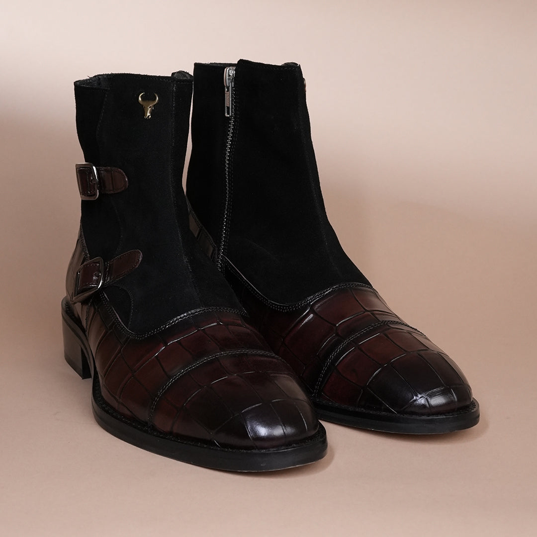 Handcrafted Double monk Strap pure leather boots - Cherry Suede & Calfskin