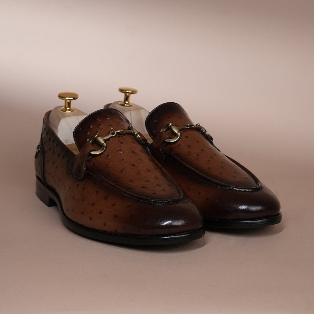 Piel Cuero Tan Brown Ostrich Print Leather Bit Loafers for Men - Handcrafted & Premium