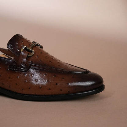 Piel Cuero Tan Brown Ostrich Print Leather Bit Loafers for Men - Handcrafted & Premium