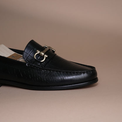 Piel Cuero Men’s Genuine Leather Horsebit Loafers | Black Croc Texture Formal Slip-On Shoes