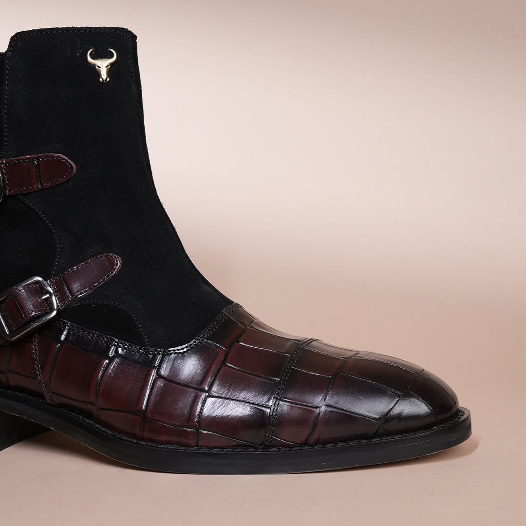 Handcrafted Double monk Strap pure leather boots - Cherry Suede & Calfskin
