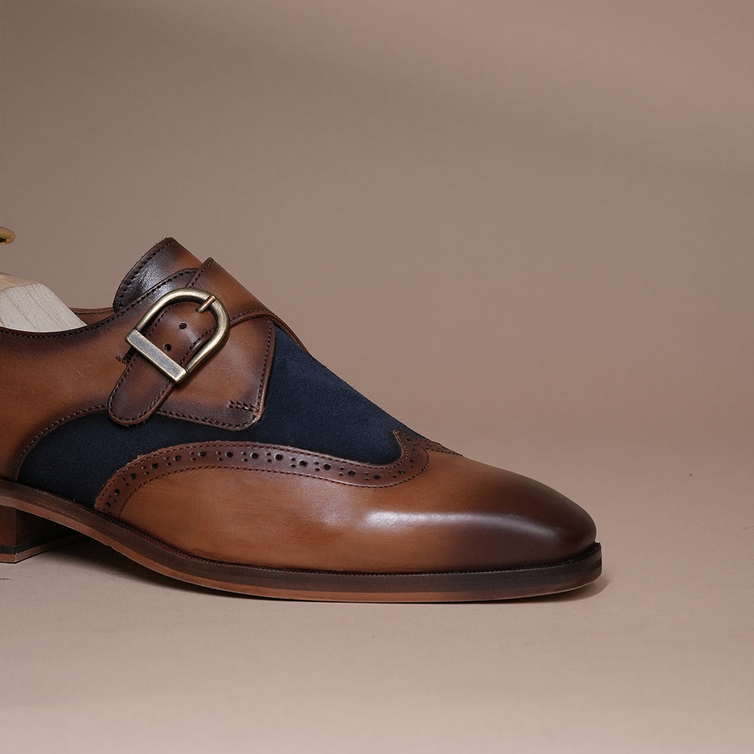 Piel Cuero Men’s Genuine Leather Monk Strap Shoes | Brown Brogue Buckle Leather Formal Shoes