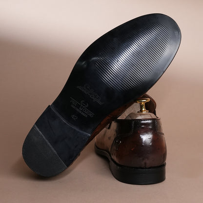 Piel Cuero Tan Brown Ostrich Print Leather Bit Loafers for Men - Handcrafted & Premium