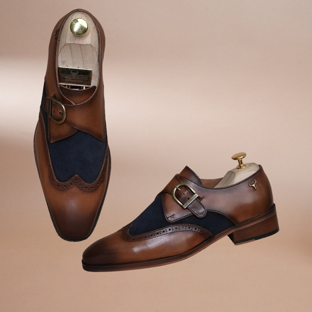 Piel Cuero Men’s Genuine Leather Monk Strap Shoes | Brown Brogue Buckle Leather Formal Shoes