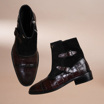 Handcrafted Double monk Strap pure leather boots - Cherry Suede & Calfskin