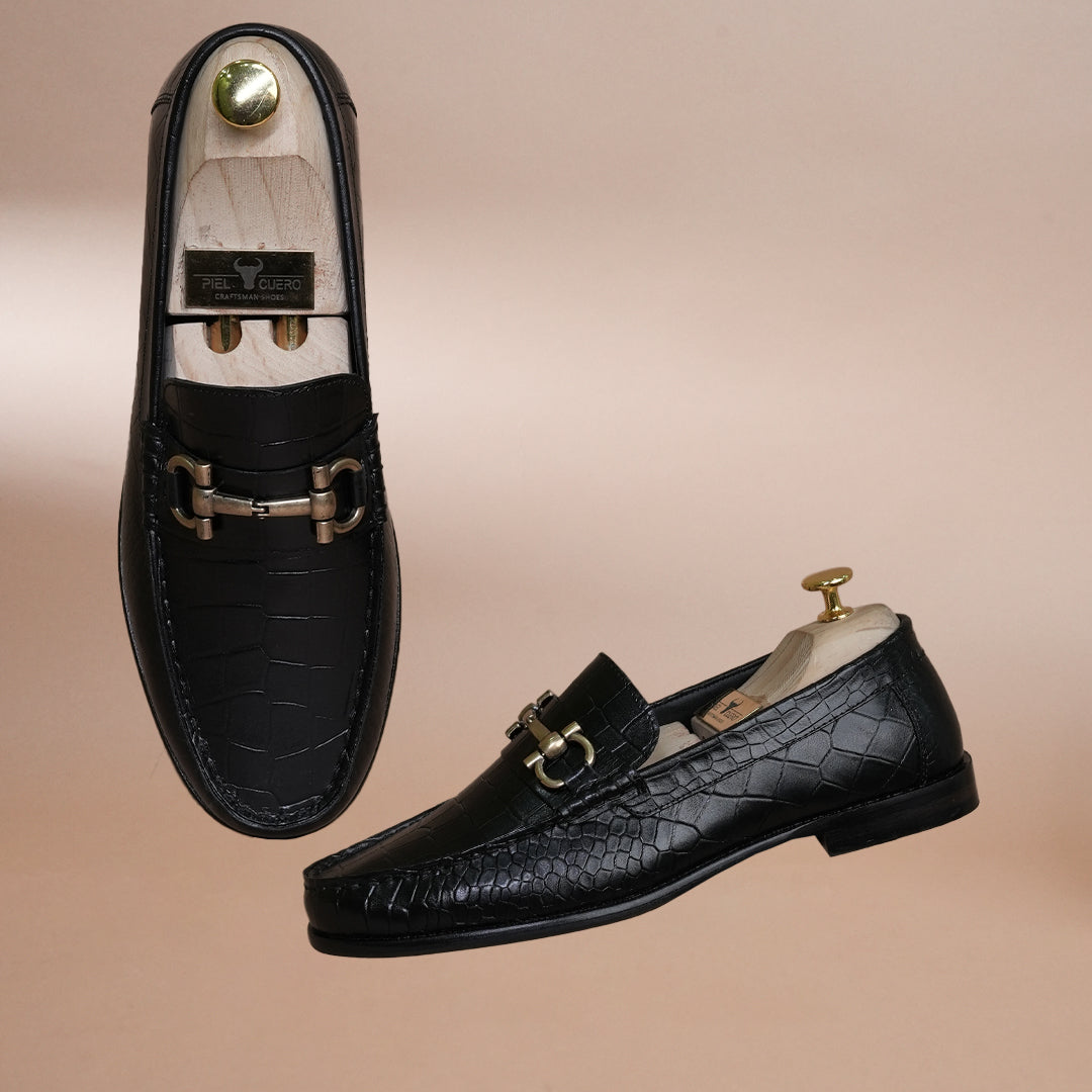 Piel Cuero Men’s Genuine Leather Horsebit Loafers | Black Croc Texture Formal Slip-On Shoes