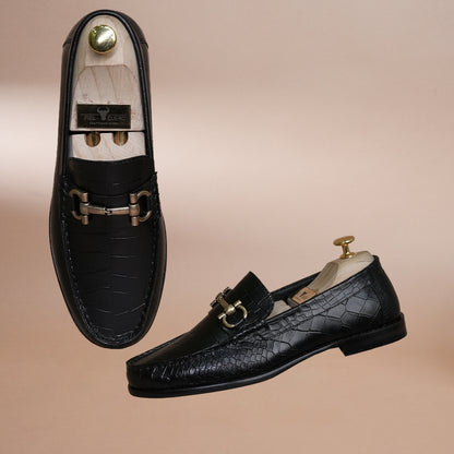 Piel Cuero Men’s Genuine Leather Horsebit Loafers | Black Croc Texture Formal Slip-On Shoes