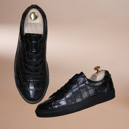 Casual Luxury: Handmade Lightweight Crocodile Pattern Leather Sneakers Black